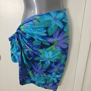 Vintage Jantzen Sarong Swim‎ Skirt Cover Up M Blue Floral Ruched Y2K USA